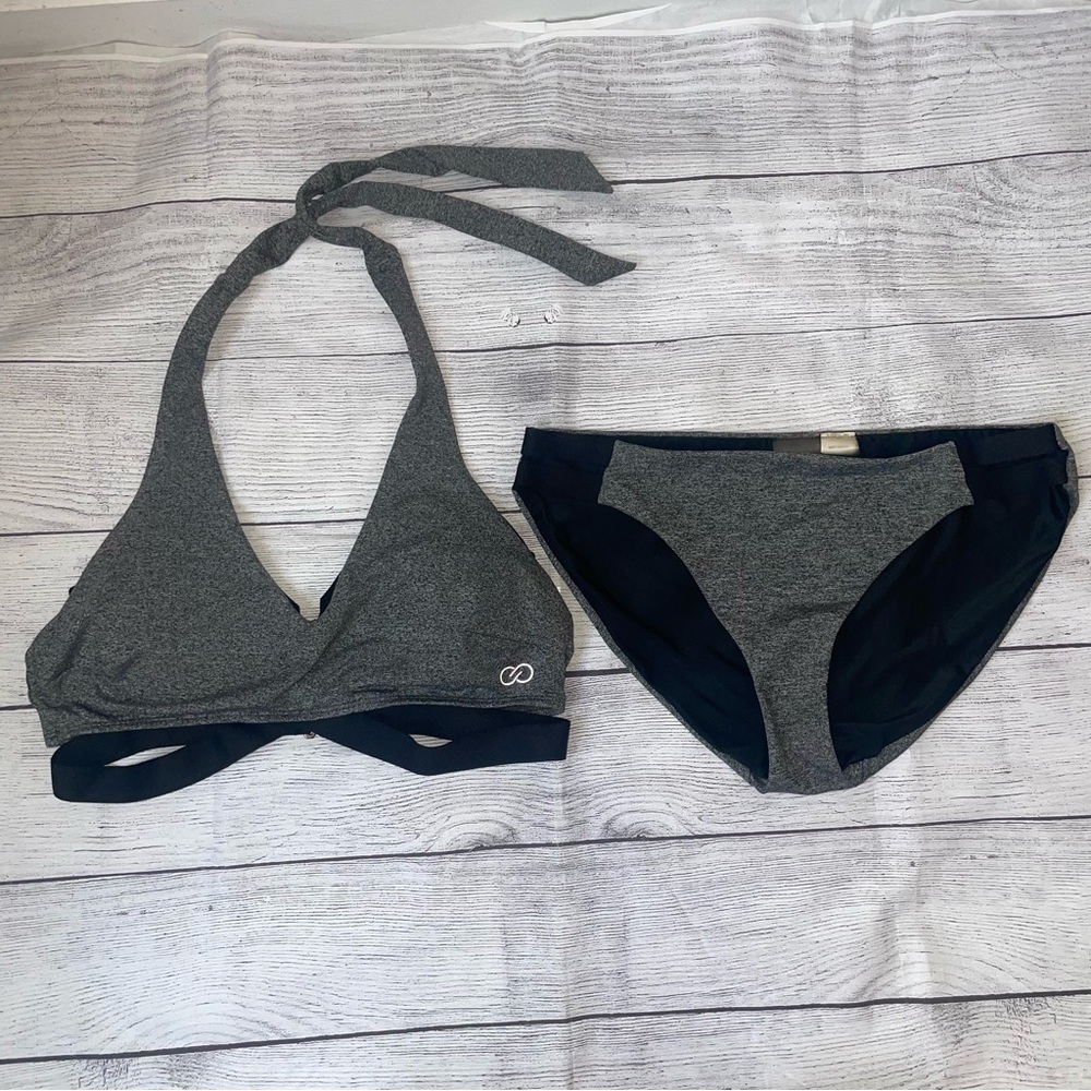 Calia Gray and Black Strappy Halter Bikini Set